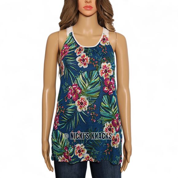 Tropical Floral Knit Tank Top Scoop Neck Lightweight Sleeveless Blouse Size S - Picture 2 of 9